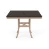 A 36-inch square commercial outdoor dining table featuring a Textured Antique Beige powder-coated aluminum base and a rich Northeastern Walnut wood-grain Marine Grade Polymer (MGP) slatted tabletop with a center umbrella hole.