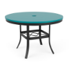 A 42-inch round commercial outdoor dining table featuring a Starlight Black powder-coated aluminum frame with curved legs and an umbrella support brace, topped with an Aruba teal Marine Grade Polymer (MGP) slatted surface and a central umbrella hole.