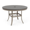 A 42-inch round commercial outdoor dining table with a Satin Amber powder-coated aluminum base, outward-curving legs with an umbrella ring brace, and a slate grey Marine Grade Polymer (MGP) slatted top featuring a center umbrella hole.