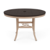 A 42-inch round commercial outdoor dining table featuring a Textured Antique Beige powder-coated aluminum base and a rich Northeastern Walnut wood-grain Marine Grade Polymer (MGP) slatted top with a central umbrella hole.