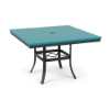 A 42-inch square commercial outdoor dining table featuring a Starlight Black powder-coated aluminum frame with curved legs and a central umbrella brace, topped with an Aruba teal Marine Grade Polymer (MGP) slatted surface and a central umbrella hole.