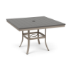 A 42-inch square commercial outdoor dining table with a Satin Amber powder-coated aluminum base, flared legs with an umbrella ring brace, and a slate grey Marine Grade Polymer (MGP) slatted tabletop featuring an umbrella opening in the center.