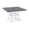 A 42-inch square commercial patio dining table with a Sky White powder-coated aluminum frame, outward-curving legs with an umbrella cross-brace, and a navy blue Marine Grade Polymer (MGP) slatted top with a center umbrella hole.