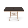 A 42-inch square commercial outdoor dining table featuring a Textured Antique Beige powder-coated aluminum base and a rich Northeastern Walnut wood-grain Marine Grade Polymer (MGP) slatted tabletop with a central umbrella hole.