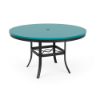 A 48-inch round commercial outdoor dining table featuring a Starlight Black powder-coated aluminum base, curved legs reinforced with an umbrella cross-brace, and an Aruba teal Marine Grade Polymer (MGP) slatted top with a central umbrella hole