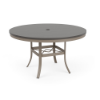 A 48-inch round commercial patio dining table with a Satin Amber powder-coated aluminum frame, outward-curving legs with an umbrella ring brace, and a slate grey Marine Grade Polymer (MGP) slatted tabletop with a center umbrella hole.