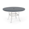 A 48-inch round commercial outdoor dining table featuring a Sky White powder-coated aluminum frame, flared legs with an umbrella support ring, and a navy blue Marine Grade Polymer (MGP) slatted tabletop with an umbrella opening in the center.