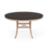 A 48-inch round commercial patio dining table featuring a Textured Antique Beige powder-coated aluminum base and a rich Northeastern Walnut wood-grain Marine Grade Polymer (MGP) slatted top with a central umbrella hole.