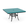 A 48-inch square commercial outdoor dining table featuring a Starlight Black powder-coated aluminum frame with curved legs and a central umbrella support brace, topped with an Aruba teal Marine Grade Polymer (MGP) slatted surface and a central umbrella hole.