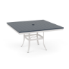 A 48-inch square commercial patio dining table with a Sky White powder-coated aluminum frame, outward-curving legs with an umbrella cross-brace, and a navy blue Marine Grade Polymer (MGP) slatted top with a center umbrella hole.