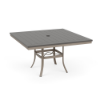 A 48-inch square commercial outdoor dining table with a Satin Amber powder-coated aluminum base, flared legs with an umbrella ring brace, and a slate grey Marine Grade Polymer (MGP) slatted tabletop featuring an umbrella opening in the center.
