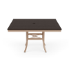 A 48-inch square commercial outdoor dining table featuring a Textured Antique Beige powder-coated aluminum base and a rich Northeastern Walnut wood-grain Marine Grade Polymer (MGP) slatted tabletop with a central umbrella hole.