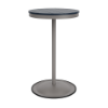 A 24-inch round commercial patio bar table constructed with a Platinum metallic powder-coated aluminum pedestal post and base, topped with a navy blue Marine Grade Polymer (MGP) slatted surface.