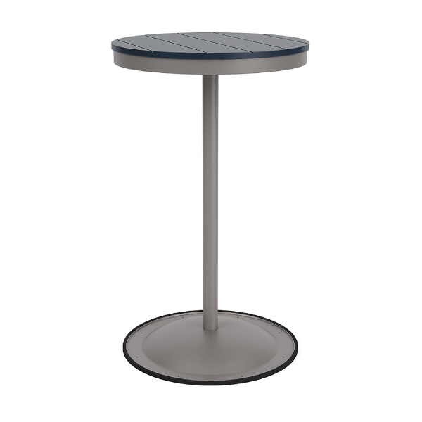 A 24-inch round commercial patio bar table constructed with a Platinum metallic powder-coated aluminum pedestal post and base, topped with a navy blue Marine Grade Polymer (MGP) slatted surface.