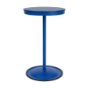 A 24-inch round commercial outdoor bar table featuring a Marina bright blue powder-coated aluminum pedestal base with a circular footing and a Royal Blue Marine Grade Polymer (MGP) slatted tabletop.