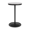 A 24-inch round commercial outdoor bar table featuring a Starlight Black powder-coated aluminum pedestal base with a weighted circular pedestal stand, topped with a bright white Marine Grade Polymer (MGP) slatted tabletop.
