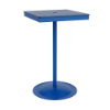 A 24-inch square commercial outdoor bar table featuring a Marina bright blue powder-coated aluminum pedestal post and round weighted base, paired with a Royal Blue Marine Grade Polymer (MGP) slatted tabletop and a center umbrella hole.