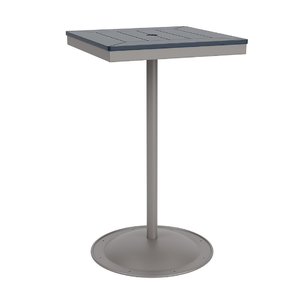 A 24-inch square commercial patio bar table built with a Platinum metallic powder-coated aluminum pedestal base and a weighted circular bottom, featuring a navy blue Marine Grade Polymer (MGP) slatted top with an umbrella opening.