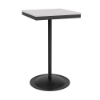 A 24-inch square commercial outdoor bar table featuring a Starlight Black powder-coated aluminum pedestal frame and round weighted base, paired with a bright white Marine Grade Polymer (MGP) slatted tabletop and a central umbrella hole.