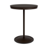 A 30-inch round commercial outdoor bar-height table featuring a Coffee Bean powder-coated aluminum pedestal frame, a circular weighted base, and a rich Northeastern Walnut wood-grain Marine Grade Polymer (MGP) slatted tabletop.