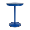 A 30-inch round commercial outdoor bar table featuring a Marina bright blue powder-coated aluminum pedestal base with a circular footing and a Royal Blue Marine Grade Polymer (MGP) slatted tabletop.