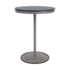 A 30-inch round commercial patio bar table constructed with a Platinum metallic powder-coated aluminum pedestal post and base, topped with a navy blue Marine Grade Polymer (MGP) slatted surface.