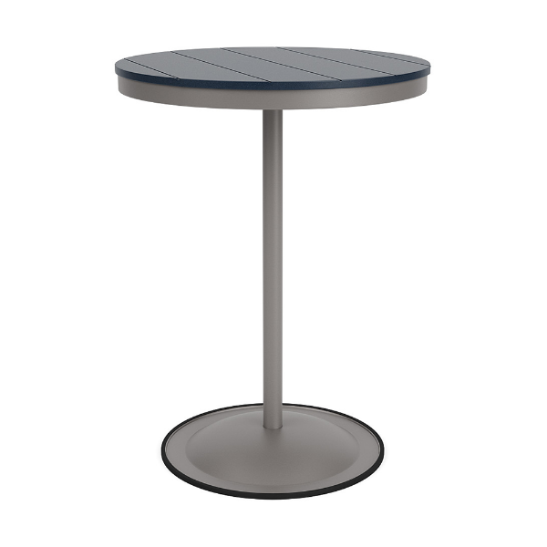 A 30-inch round commercial patio bar table constructed with a Platinum metallic powder-coated aluminum pedestal post and base, topped with a navy blue Marine Grade Polymer (MGP) slatted surface.