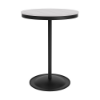 A 30-inch round commercial outdoor bar table featuring a Starlight Black powder-coated aluminum pedestal base with a weighted circular pedestal stand, topped with a bright white Marine Grade Polymer (MGP) slatted tabletop.