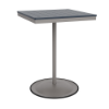 A 30-inch square commercial patio bar table built with a Platinum metallic powder-coated aluminum pedestal base and a circular weighted stand, featuring a navy blue Marine Grade Polymer (MGP) slatted surface.