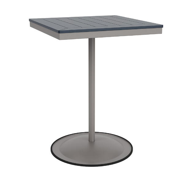 A 30-inch square commercial patio bar table built with a Platinum metallic powder-coated aluminum pedestal base and a circular weighted stand, featuring a navy blue Marine Grade Polymer (MGP) slatted surface.