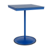 A 30-inch square commercial outdoor bar table featuring a Marina bright blue powder-coated aluminum pedestal post and round weighted footing, paired with a Royal Blue Marine Grade Polymer (MGP) slatted top.