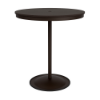 A 36-inch round commercial outdoor bar-height table featuring a Coffee Bean powder-coated aluminum pedestal frame, a circular weighted base, and a rich Northeastern Walnut wood-grain Marine Grade Polymer (MGP) slatted tabletop with a central umbrella hole.