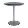 A 36-inch round commercial patio bar table built with a Platinum metallic powder-coated aluminum pedestal base and a circular weighted stand, featuring a navy blue Marine Grade Polymer (MGP) slatted surface with an umbrella hole.