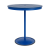 A 36-inch round commercial outdoor bar table featuring a Marina bright blue powder-coated aluminum pedestal post and round weighted footing, paired with a Royal Blue Marine Grade Polymer (MGP) slatted top and a center umbrella opening.