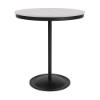 A 36-inch round commercial outdoor bar table featuring a Starlight Black powder-coated aluminum pedestal frame and a weighted circular base, topped with a bright white Marine Grade Polymer (MGP) slatted tabletop and a central umbrella hole.