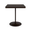 A 36-inch square commercial outdoor bar-height table featuring a Coffee Bean powder-coated aluminum pedestal frame, a circular weighted base, and a rich Northeastern Walnut wood-grain Marine Grade Polymer (MGP) slatted tabletop with a central umbrella hole.
