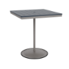 A 36-inch square commercial patio bar table built with a Platinum metallic powder-coated aluminum pedestal base and a circular weighted stand, featuring a navy blue Marine Grade Polymer (MGP) slatted surface with an umbrella hole.