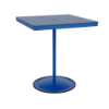 A 36-inch square commercial outdoor bar table featuring a Marina bright blue powder-coated aluminum pedestal post and round weighted footing, paired with a Royal Blue Marine Grade Polymer (MGP) slatted tabletop and a center umbrella opening.