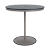 A 42-inch round commercial patio bar table built with a Platinum metallic powder-coated aluminum pedestal base and a circular weighted stand, featuring a navy blue Marine Grade Polymer (MGP) slatted surface with an umbrella hole.