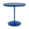 A 42-inch round commercial outdoor bar table featuring a Marina bright blue powder-coated aluminum pedestal post and round weighted footing, paired with a Royal Blue Marine Grade Polymer (MGP) slatted top and a center umbrella opening.