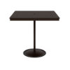 A 42-inch square commercial outdoor bar-height table featuring a Coffee Bean powder-coated aluminum pedestal frame and a circular weighted base, topped with a rich Northeastern Walnut wood-grain Marine Grade Polymer (MGP) slatted surface and a central umbrella hole.