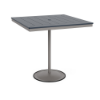 A 42-inch square commercial patio bar table built with a Platinum metallic powder-coated aluminum pedestal base and a circular weighted stand, featuring a navy blue Marine Grade Polymer (MGP) slatted surface with an umbrella hole.