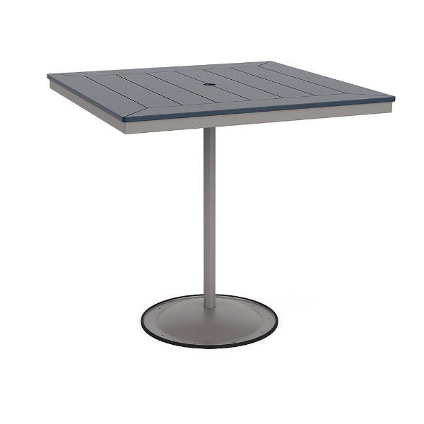 A 42-inch square commercial patio bar table built with a Platinum metallic powder-coated aluminum pedestal base and a circular weighted stand, featuring a navy blue Marine Grade Polymer (MGP) slatted surface with an umbrella hole.