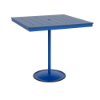 A 42-inch square commercial outdoor bar table featuring a Marina bright blue powder-coated aluminum pedestal post and round weighted footing, paired with a Royal Blue Marine Grade Polymer (MGP) slatted tabletop and a center umbrella opening.