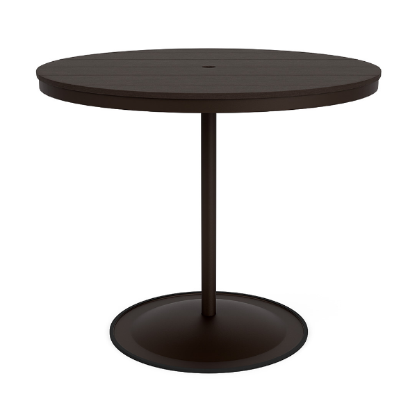 A 48-inch round commercial outdoor bar-height table featuring a Coffee Bean powder-coated aluminum pedestal frame, a circular weighted base, and a rich Northeastern Walnut wood-grain Marine Grade Polymer (MGP) slatted tabletop with a central umbrella hole.