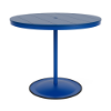 A 48-inch round commercial outdoor bar table featuring a Marina bright blue powder-coated aluminum pedestal post and round weighted footing, paired with a Royal Blue Marine Grade Polymer (MGP) slatted top and a center umbrella opening.