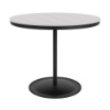 A 48-inch round commercial outdoor bar table featuring a Starlight Black powder-coated aluminum pedestal frame and a weighted circular base, topped with a bright white Marine Grade Polymer (MGP) slatted tabletop and a central umbrella hole.