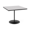 A 48-inch square commercial outdoor bar table featuring a Starlight Black powder-coated aluminum pedestal frame and a weighted circular base, topped with a bright white Marine Grade Polymer (MGP) slatted tabletop and a central umbrella hole.