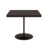 A 48-inch square commercial outdoor bar-height table featuring a Coffee Bean powder-coated aluminum pedestal frame and a circular weighted base, topped with a rich Northeastern Walnut wood-grain Marine Grade Polymer (MGP) slatted surface and a central umbrella hole.
