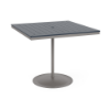 A 48-inch square commercial patio bar table built with a Platinum metallic powder-coated aluminum pedestal base and a circular weighted stand, featuring a navy blue Marine Grade Polymer (MGP) slatted surface with an umbrella hole.